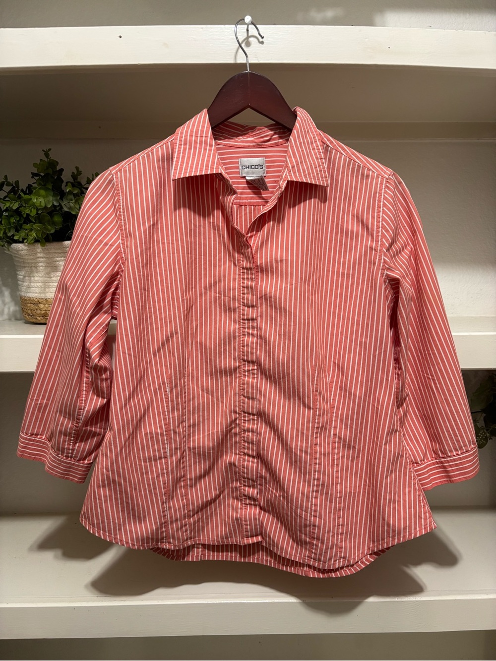 Chico's Coral & White Striped Button-Front Shirt